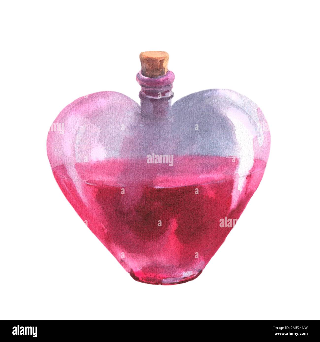 Aquarelle amour potion élixir dans l'illustration de bouteille en forme de coeur. Clipart de flacon rose dessiné à la main isolé sur fond blanc. Pour la Saint-Valentin Banque D'Images