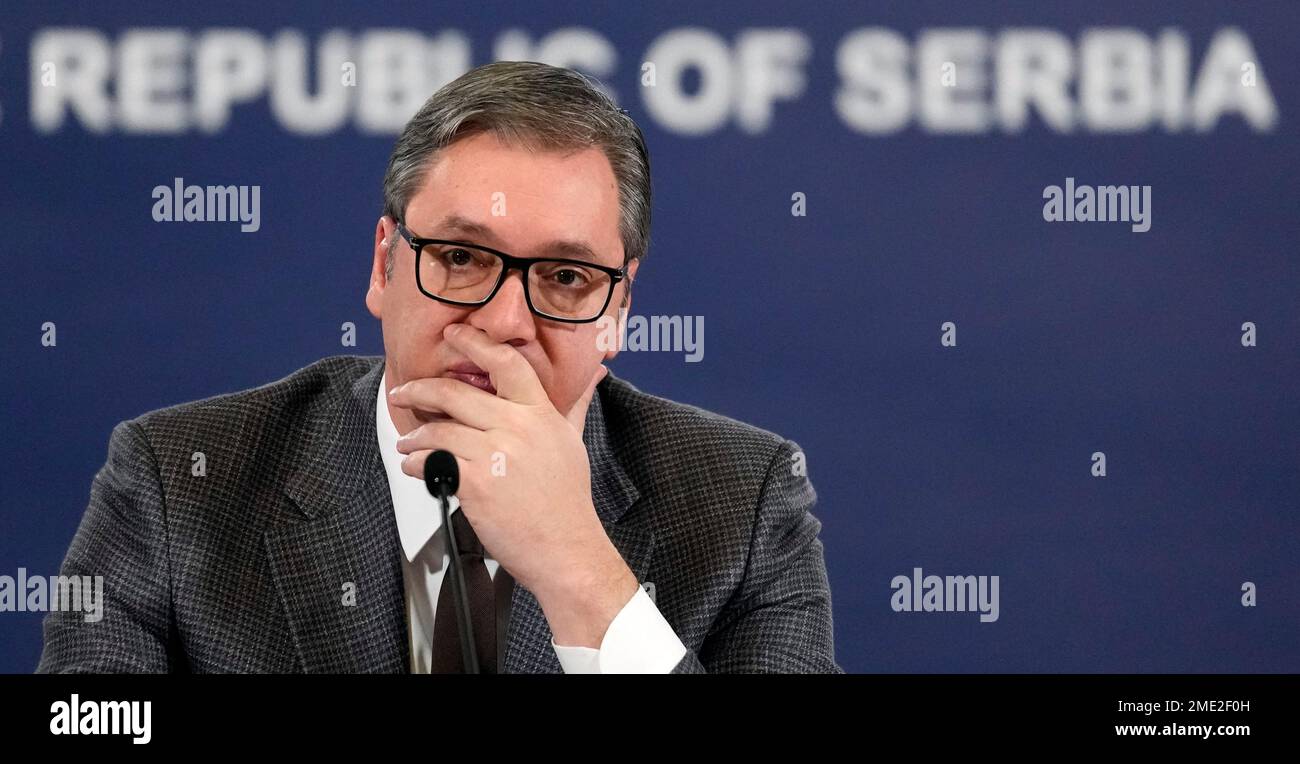 Serbian President Aleksandar Vucic gestures during a public address in ...