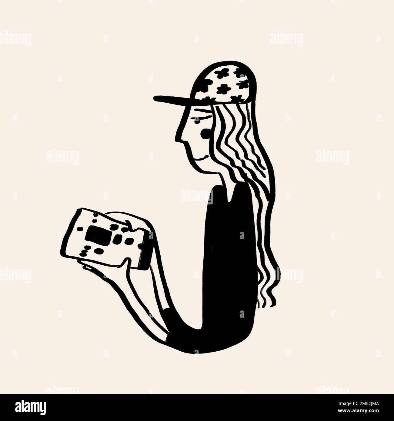 Design simple de lettre J alphabétique de style plat adolescent noir jouant à la console de jeu portable sur fond beige Banque D'Images