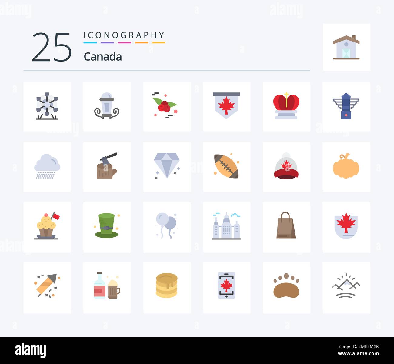 Lot d'icônes de couleur plate Canada 25, y compris Royal. couronne. cerise. signe. feuille Illustration de Vecteur