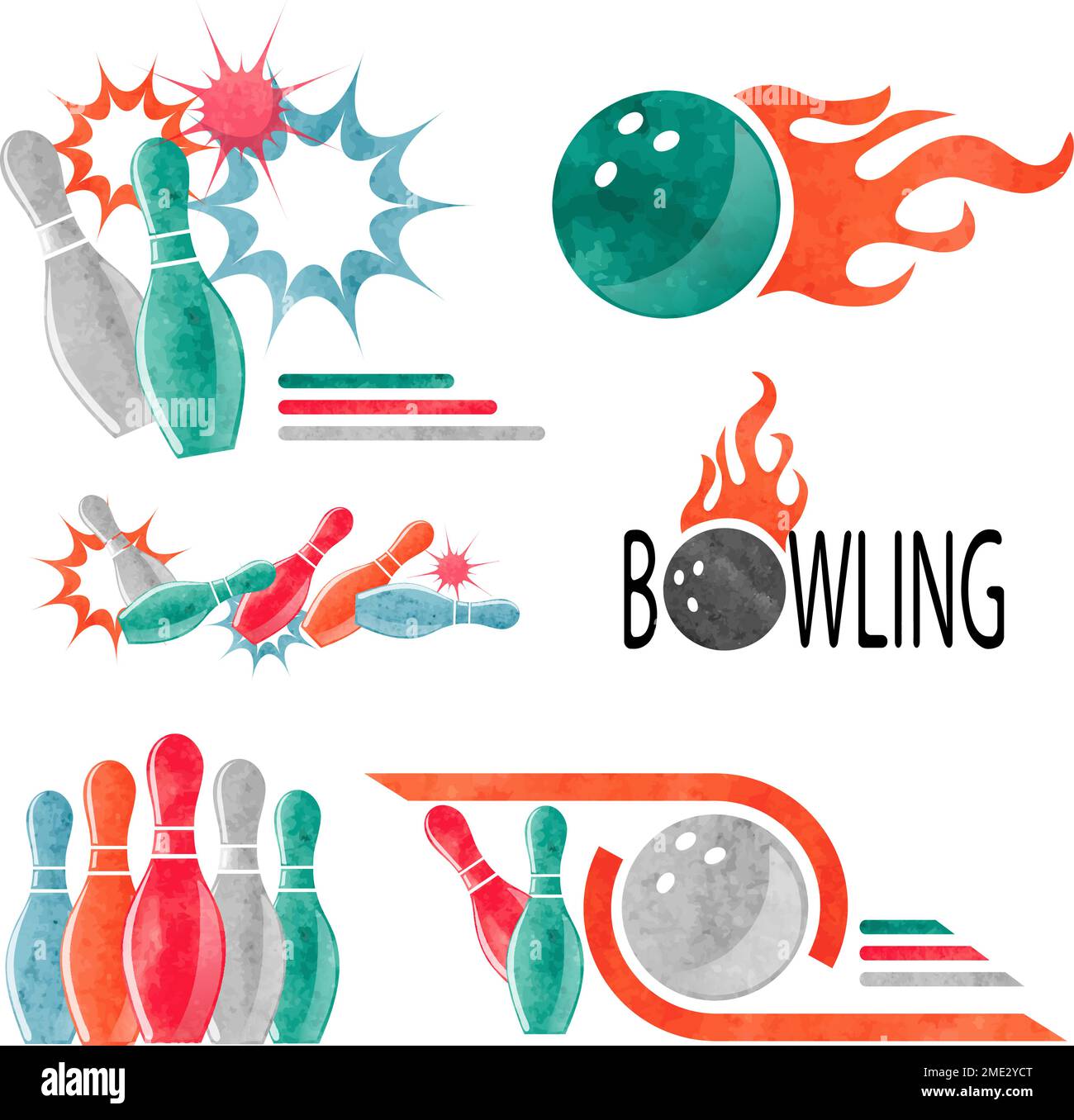 Ensemble de boules colorées logo, icônes et symboles isolés sur blanc. Illustration vectorielle de boule de bowling et de broches. Éléments de conception. Illustration de Vecteur