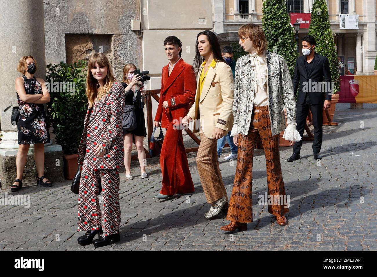 Members of the Maneskin band, from left, Victoria De Angelis, Damiano ...
