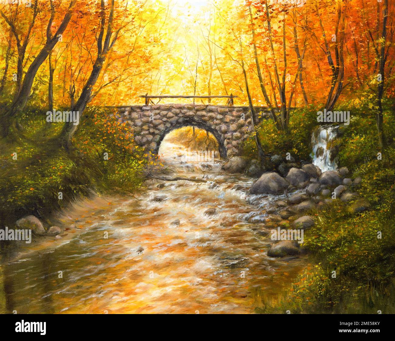 Peinture à l'huile originale de paysage d'automne magnifique, forêt, pont de pierre et rivière sur toile.Impressionnisme moderne, modernisme, marinisme Banque D'Images