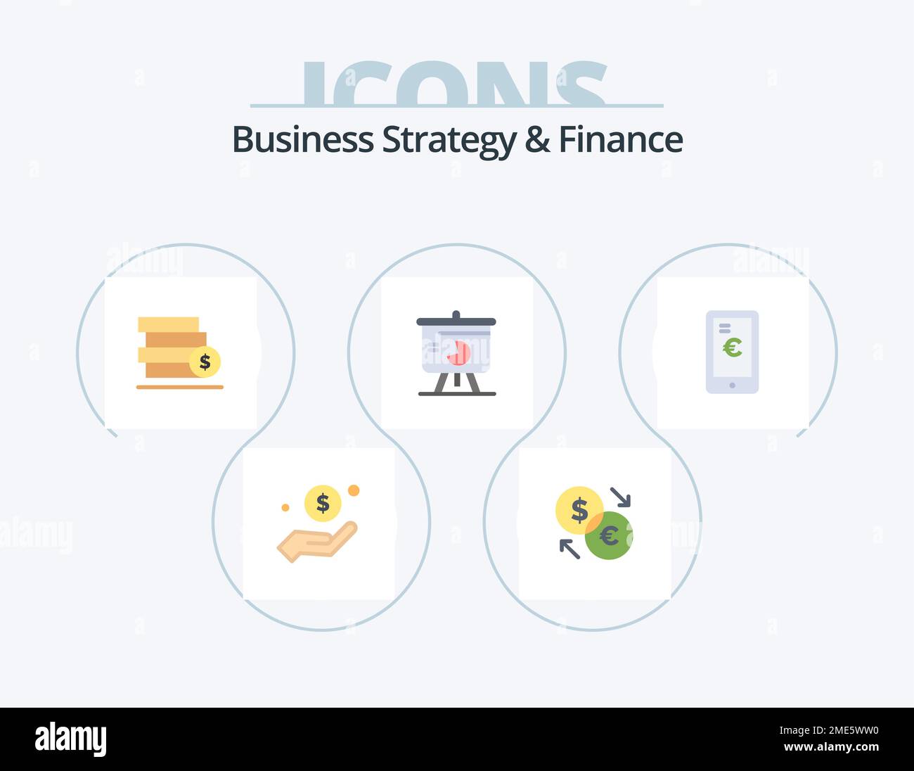 Business Strategy and Finance Flat Icon Pack 5 Icon Design. graphique à secteurs. présentation. dollar. graphique. dollar Illustration de Vecteur