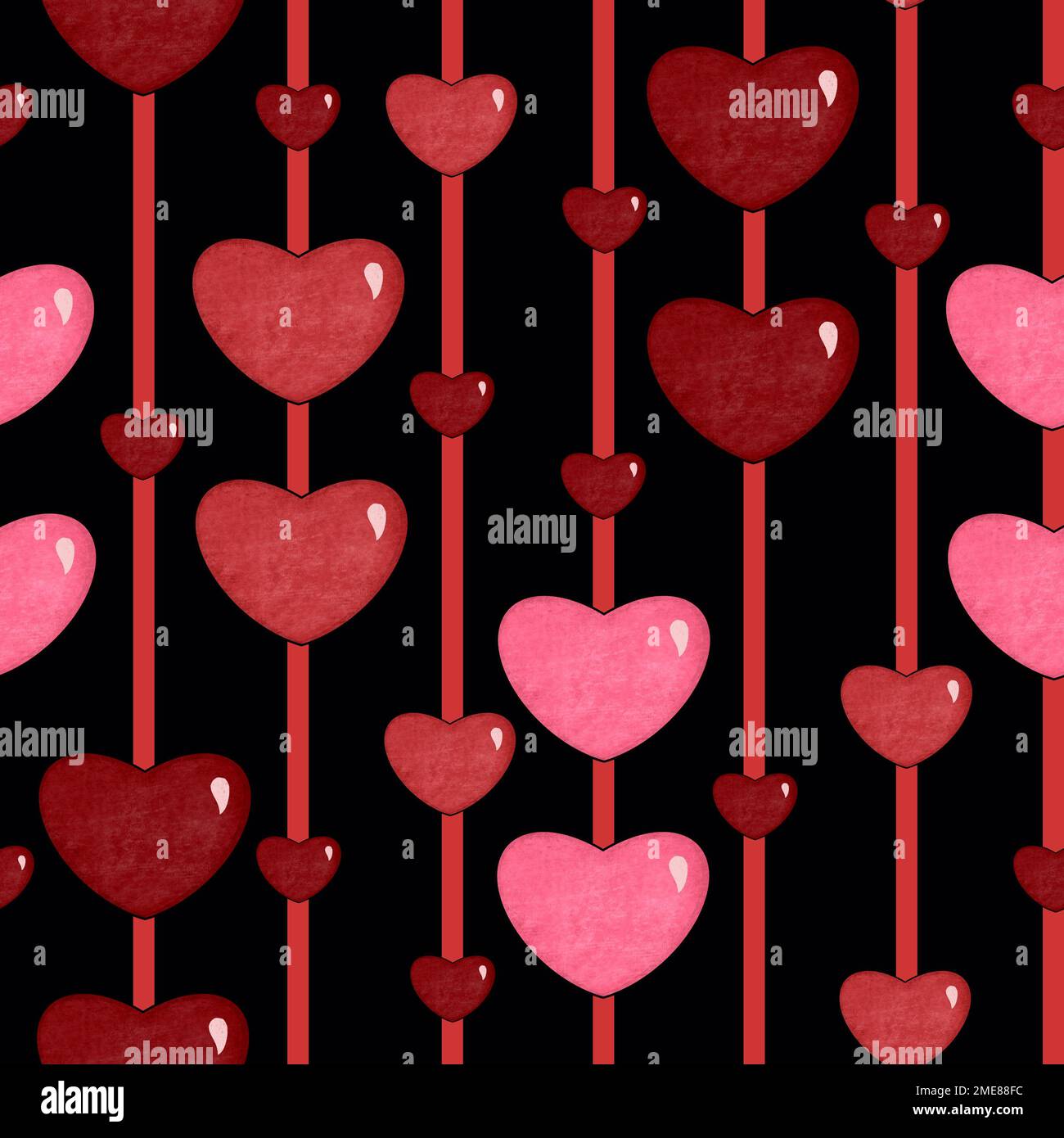 Motif coeurs sans couture avec coeurs roses et rouges texturés et rayures sur fond noir. Imprimé petits et grands coeurs sur toute la surface. Banque D'Images