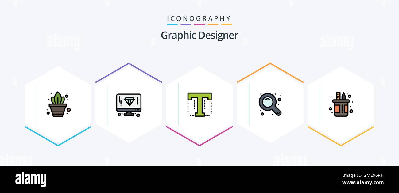 Lot d'icônes FilledLine de Graphic Designer 25 avec stylo. boîte. texte. outil zoom. zoom avant Illustration de Vecteur