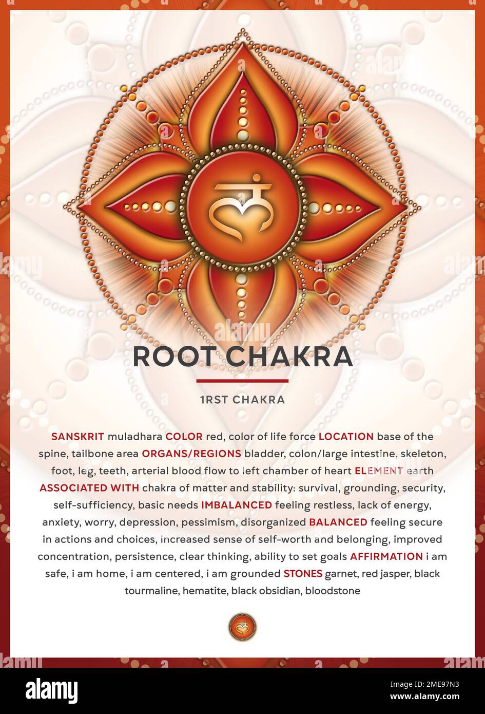ROOT CHAKRA (Muladhara): Image du symbole chakra avec description détaillée et caractéristiques. Banque D'Images