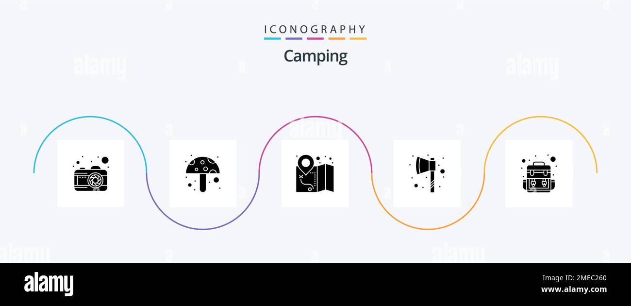Camping Glyph 5 Icon Pack inclus . carte. déplacement. sac Illustration de Vecteur