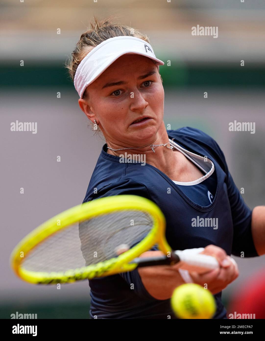 Czech Republic's Barbora Krejcikova plays a return to Ukraine's Elina Svitolina during their third round match on day 7, of the French Open tennis tournament at Roland Garros in Paris, France, Saturday, June 5, 2021. (AP Photo/Michel Euler) Banque D'Images