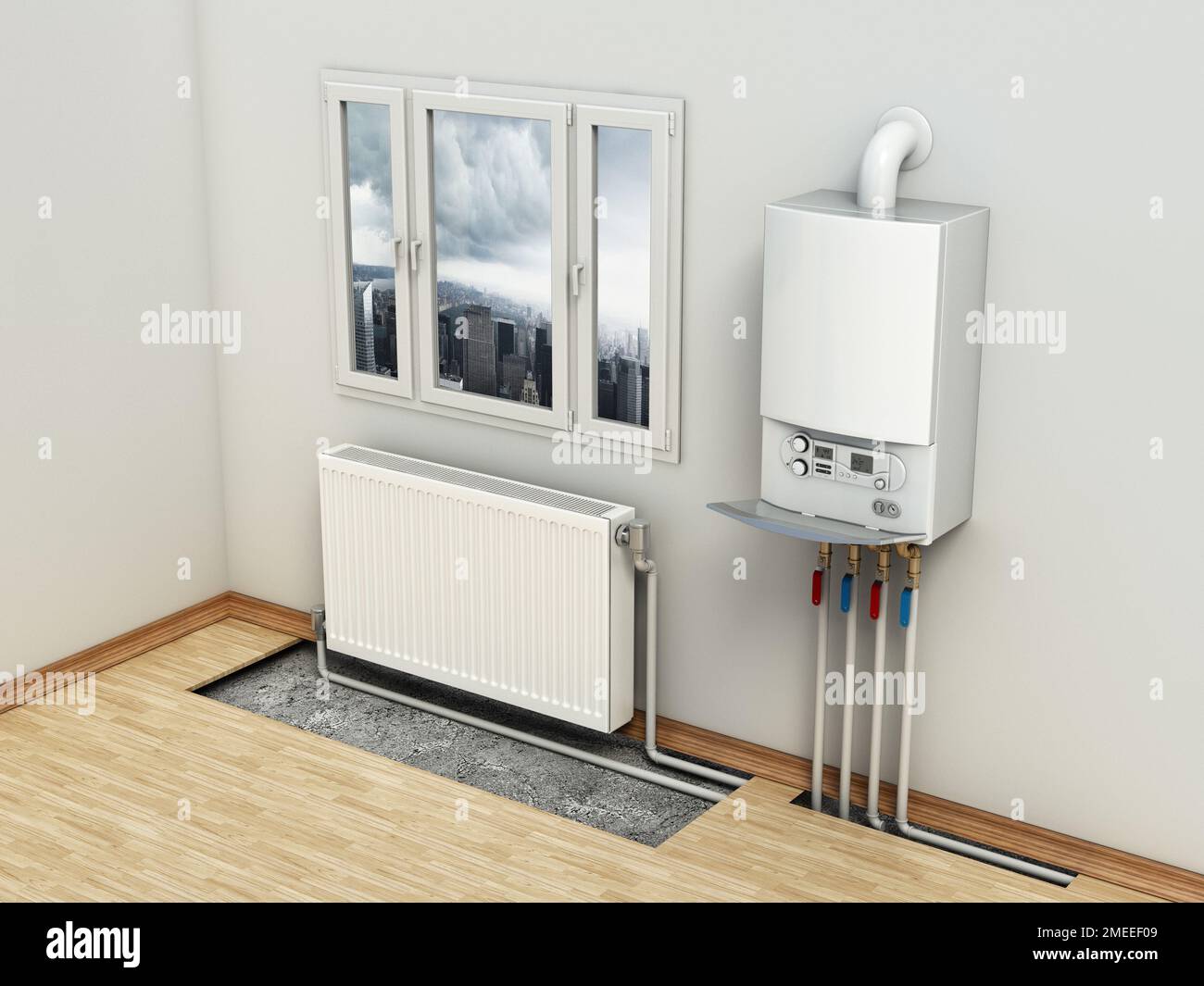 Chaudière Combi sur le mur de la maison, à côté du radiateur de chauffage. Installation visible des tubes de chauffage. 3D illustration. Banque D'Images