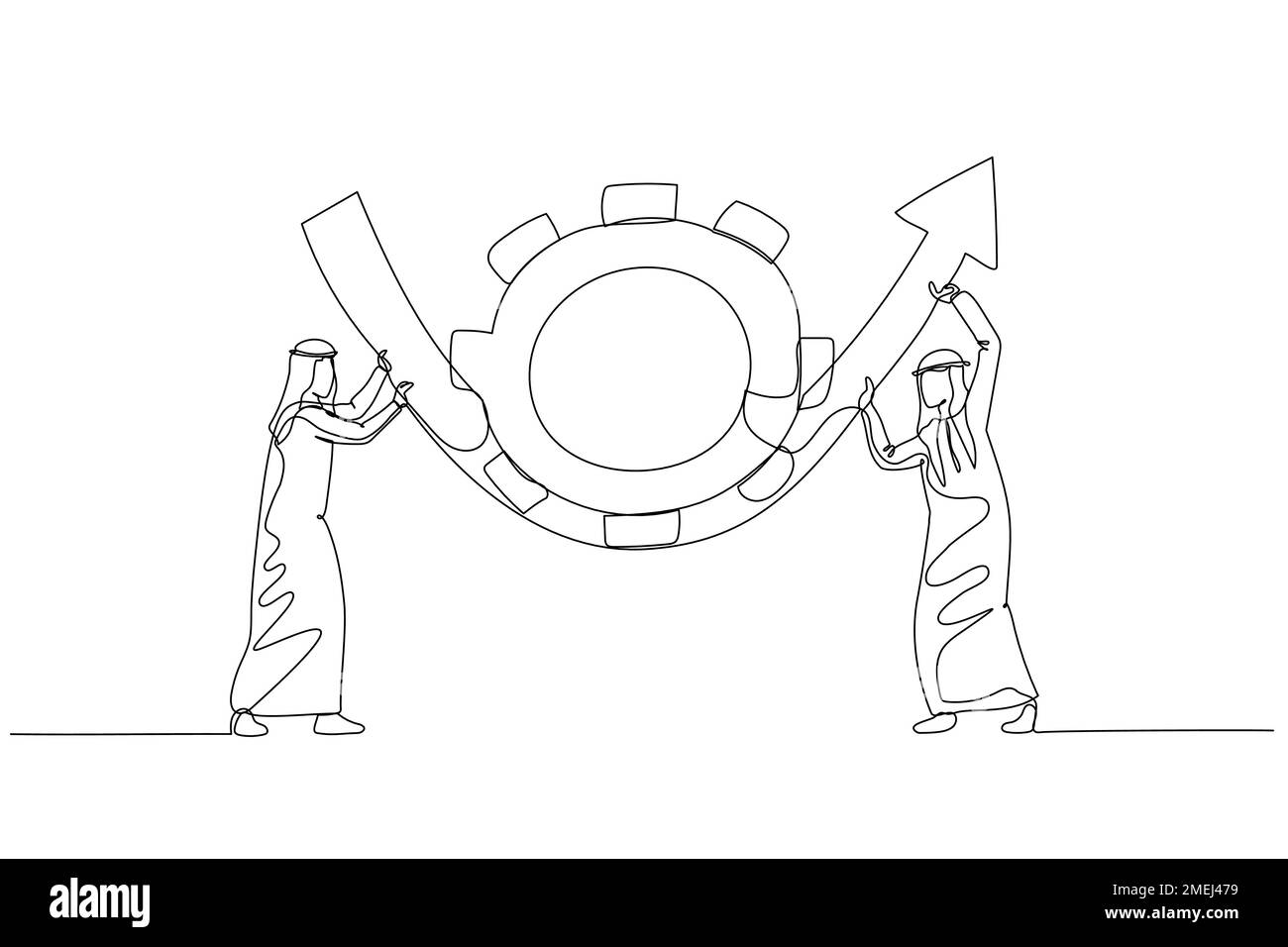 le partenaire arab man aide à faire tourner la roue dentée d'équipement pour faire remonter la flèche vers le haut du concept de transformation de l'entreprise. Un style d'art sur une ligne Illustration de Vecteur