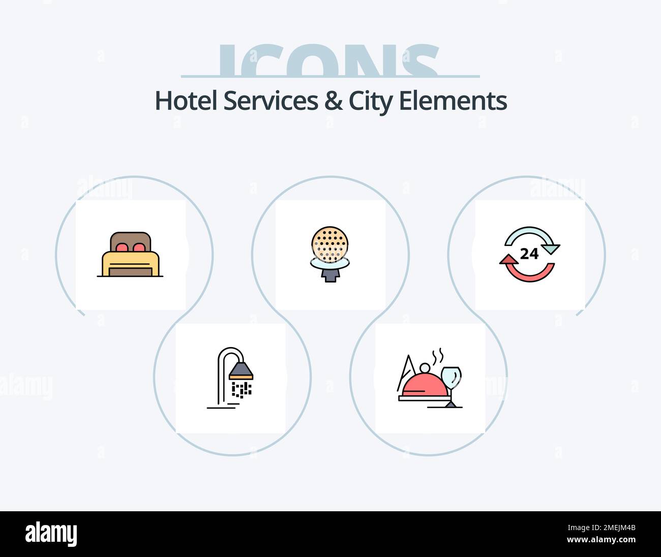 Services de l'hôtel et City Elements Line Fbourré Icon Pack 5 Icon Design. concierge. chambre. vélo. sommeil . la légèreté Illustration de Vecteur
