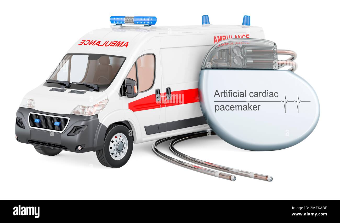 Camionnette ambulance avec stimulateur cardiaque artificiel, 3D rendu isolé sur fond blanc Banque D'Images