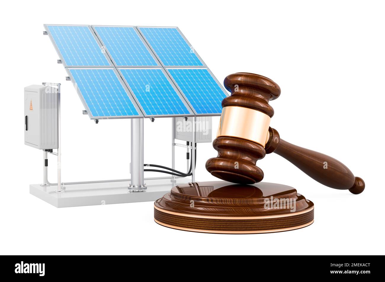 Gavel en bois avec panneau solaire. 3D rendu isolé sur fond blanc Banque D'Images