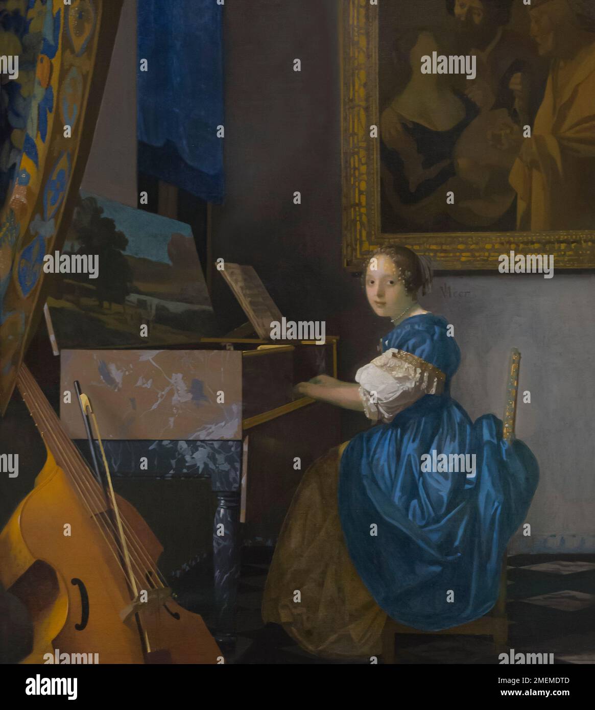 Une jeune femme assise à un Virginie, Johannes Vermeer, vers 1670-1672, Banque D'Images