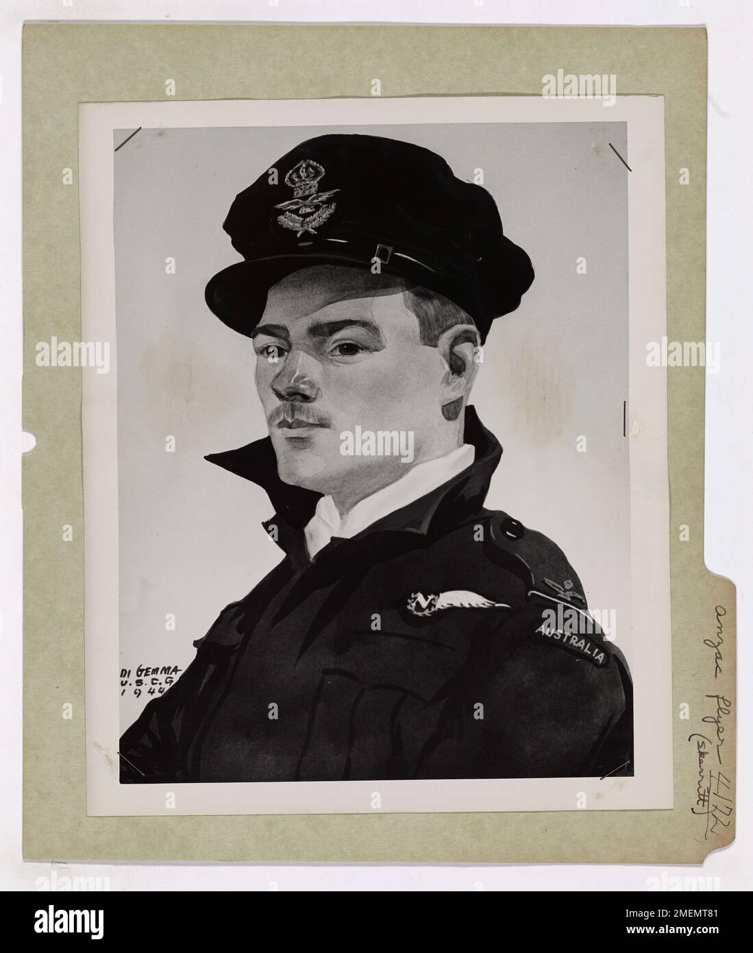 Une œuvre de l'artiste de combat de la Garde côtière Joseph di Gemma représente Robert S. Skerritt de la Royal Australian Air Force. Cette pièce capture le rôle de Skerritt dans la campagne aérienne, reflétant l'étroite coopération entre les forces australiennes et américaines pendant la seconde Guerre mondiale. Banque D'Images