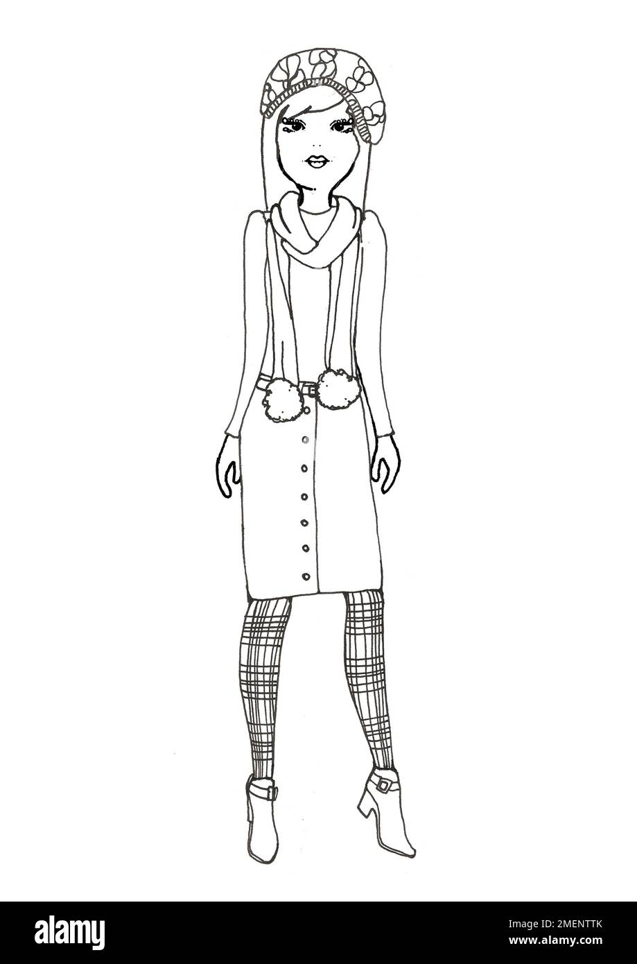 Dessin d'une jeune femme portant une tenue d'hiver tendance Banque D'Images