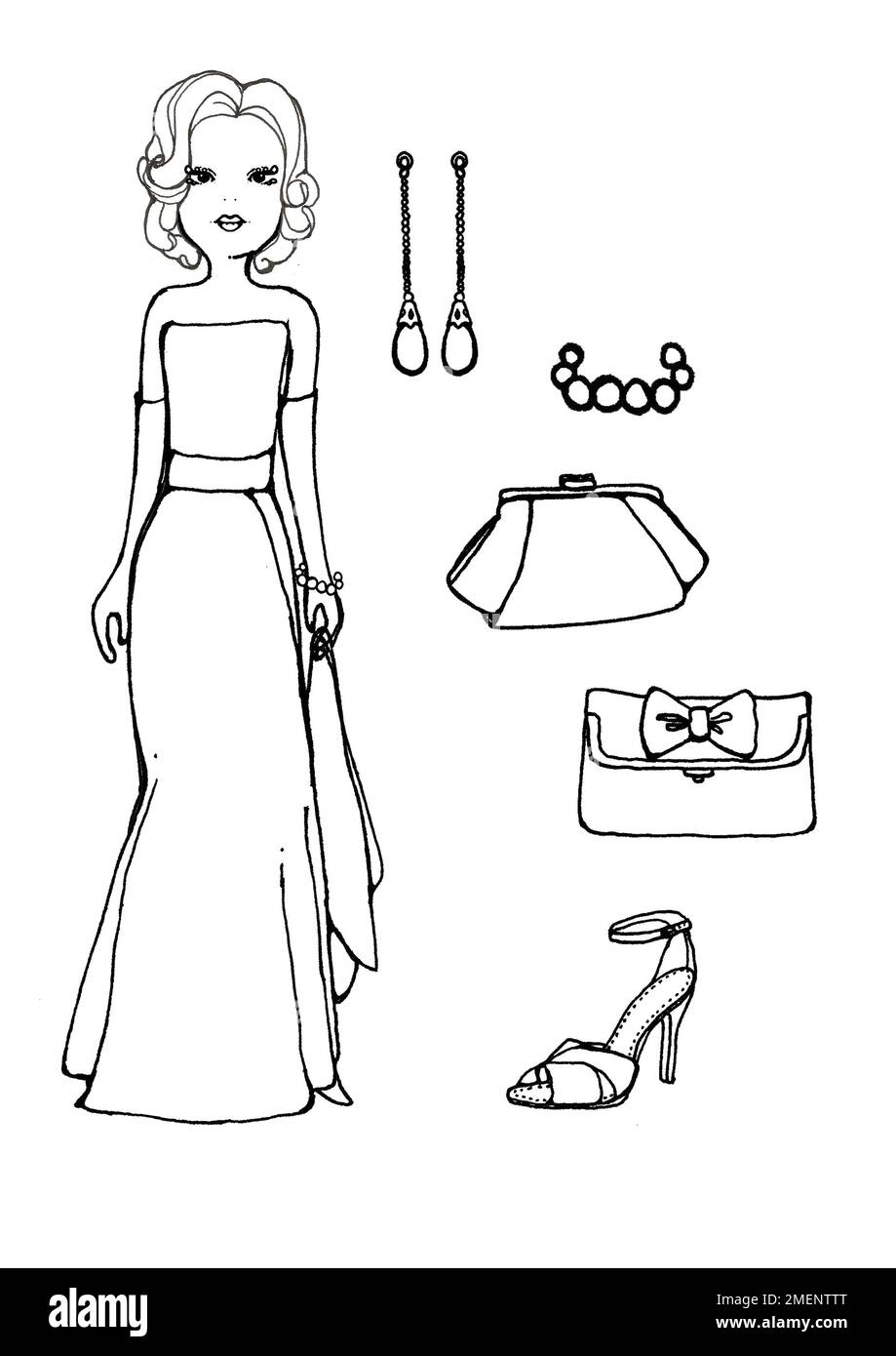 Dessin de femme portant une élégante robe, et divers accessoires Banque D'Images