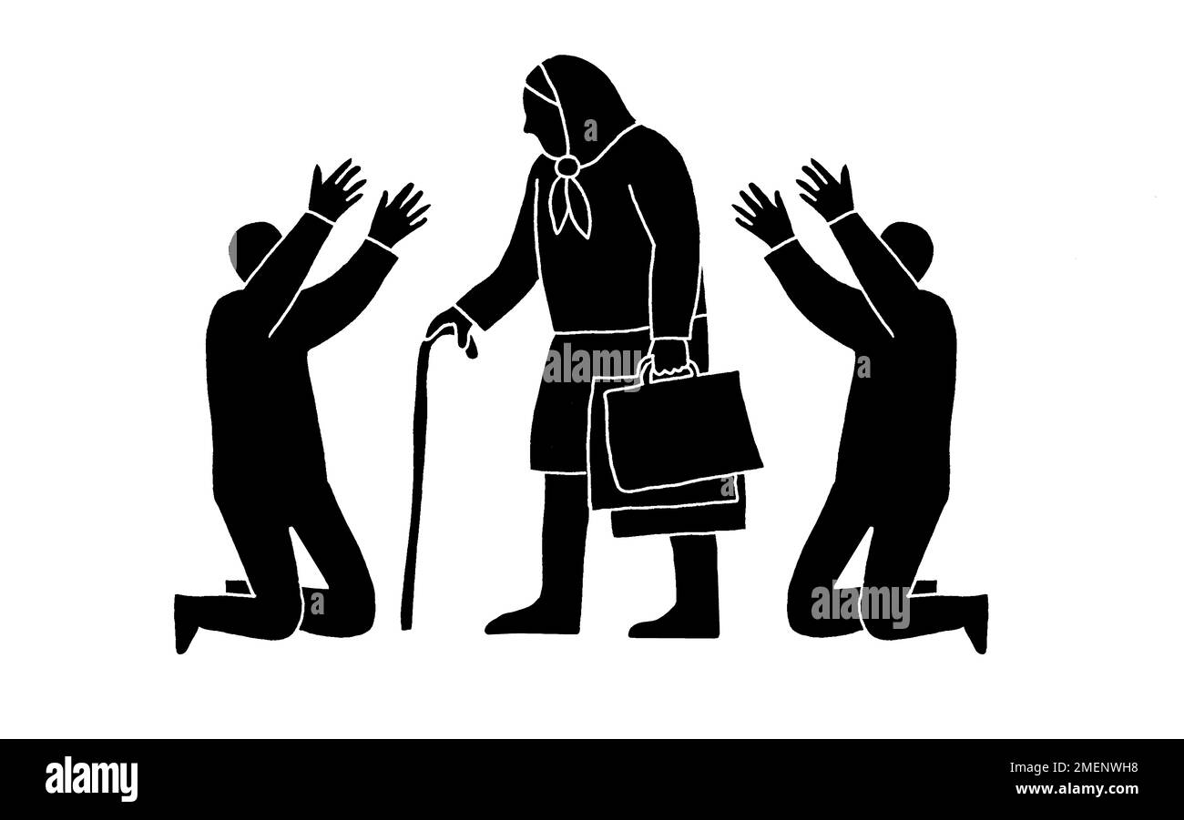 Illustration noire et blanche de deux hommes sur leurs genoux adorant la vieille dame avec ses sacs d'achats Banque D'Images