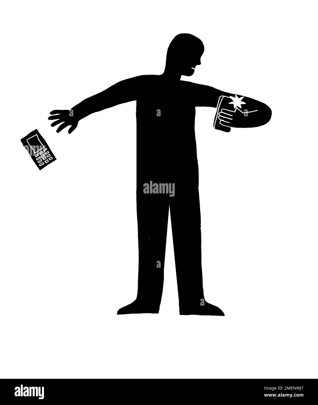 Illustration noire et blanche d'un homme avec un nouveau téléphone dans la main droite et jeter son ancien téléphone avec sa gauche Banque D'Images