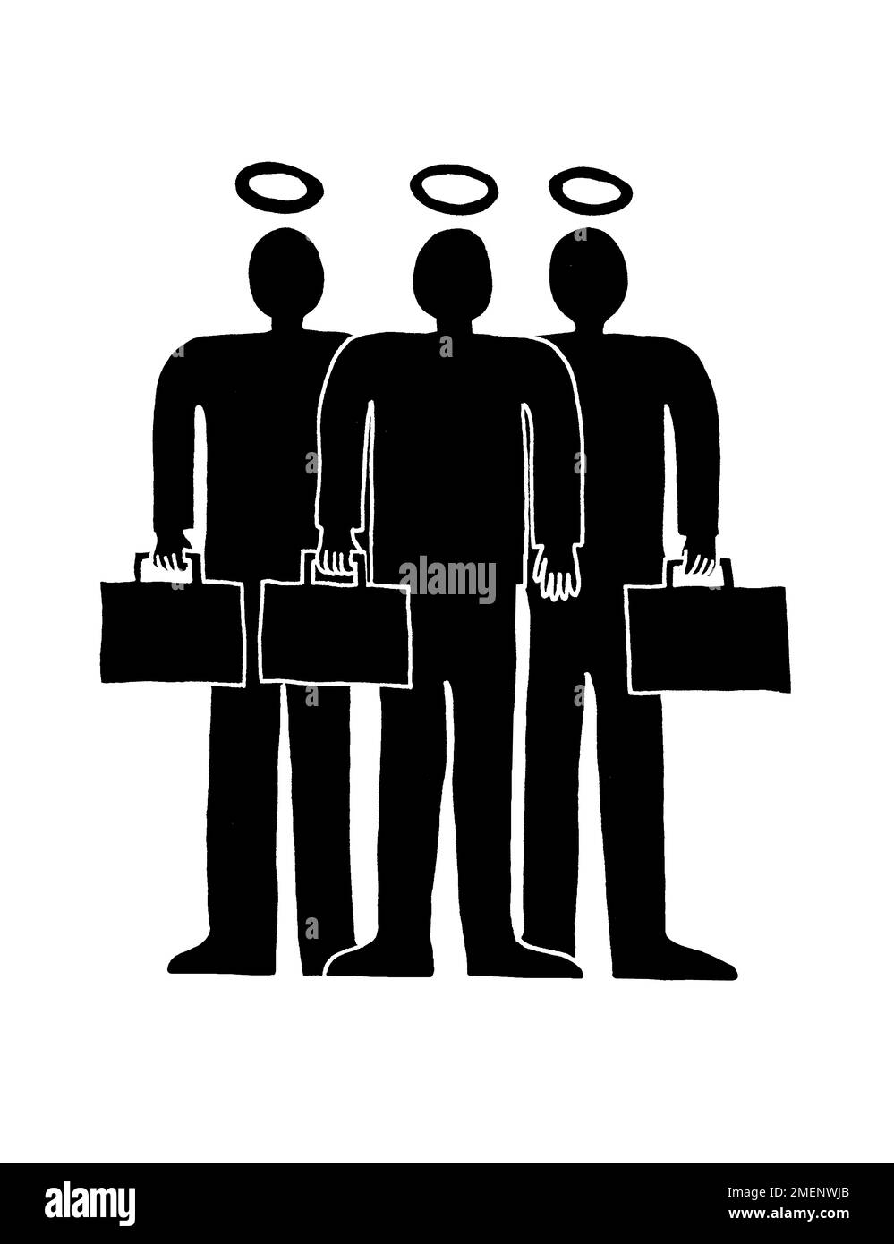 Illustration noire et blanche de trois hommes d'affaires avec des halos tenant des porte-documents Banque D'Images