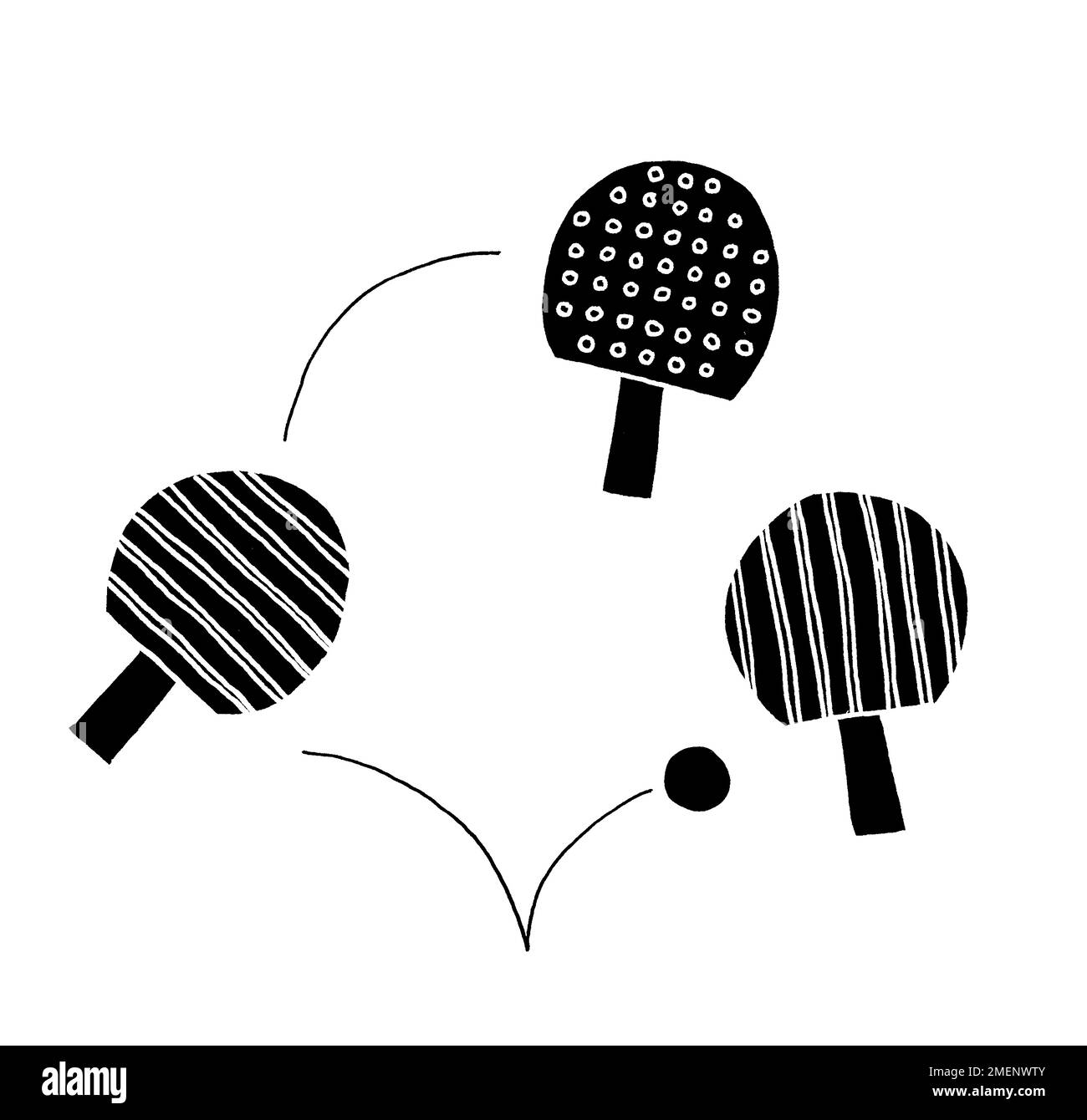 Illustration en noir et blanc des raquets de tennis de table et d'une balle qui rebondit entre eux Banque D'Images