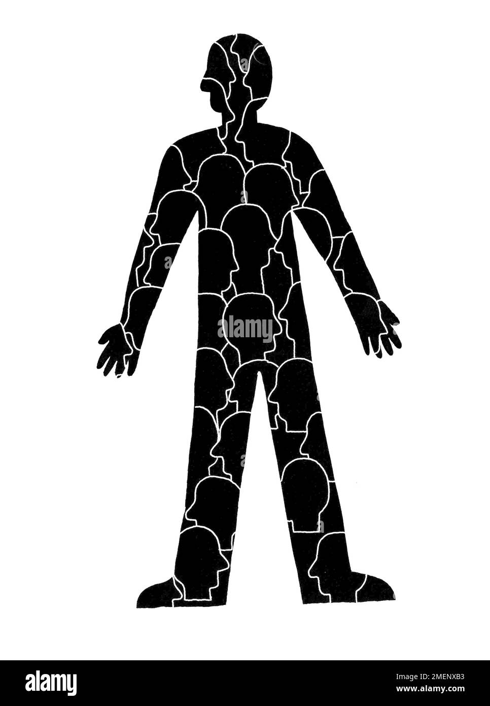 Illustration noire et blanche des têtes superposées sur le corps d'une personne, illustrant le concept que nous devenons nous-mêmes par d'autres, Lev Vygotsky Banque D'Images