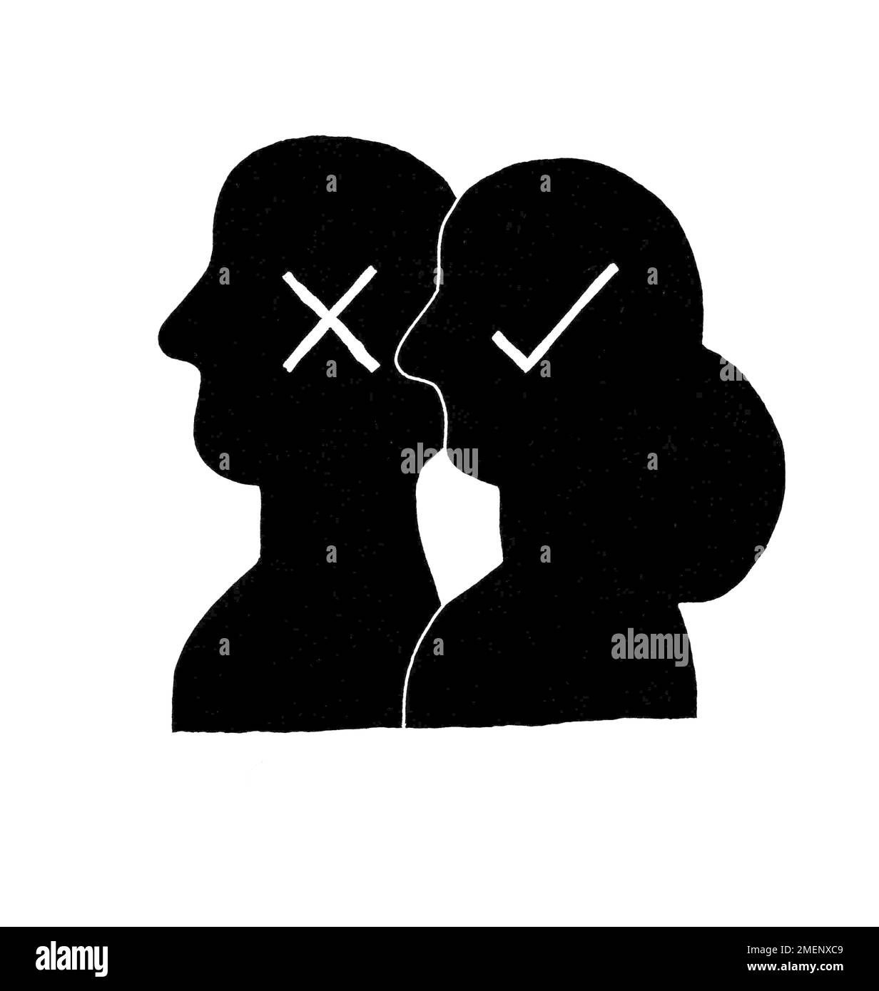 Illustration en noir et blanc, symbole en croix sur homme, coche sur femme, illustrant le concept selon lequel les filles obtiennent de meilleurs grades que les garçons, Eleanor E. Maccoby Banque D'Images