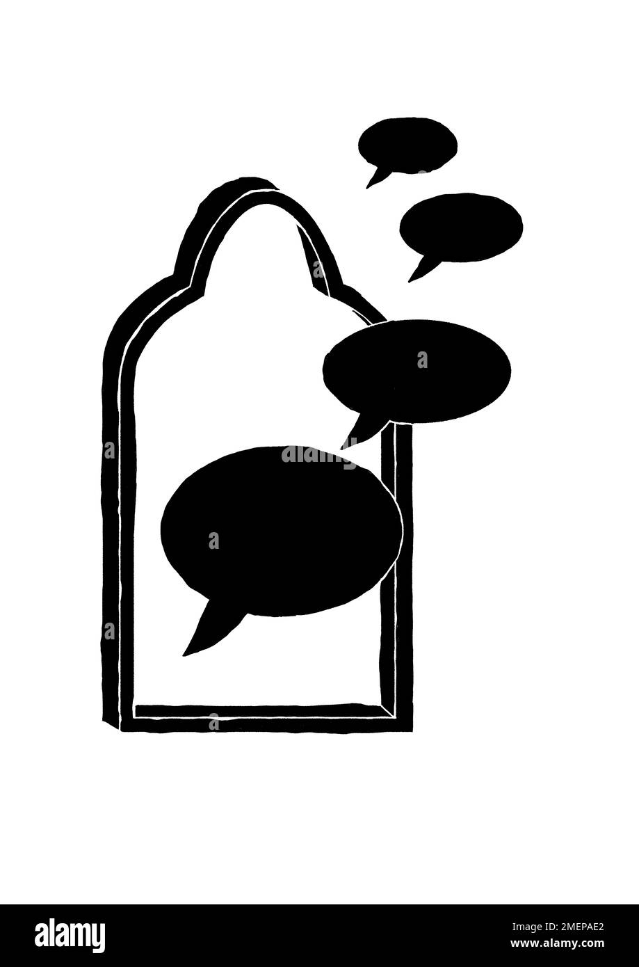 Des bulles de discours sortent d'une fenêtre de style islamique. Banque D'Images