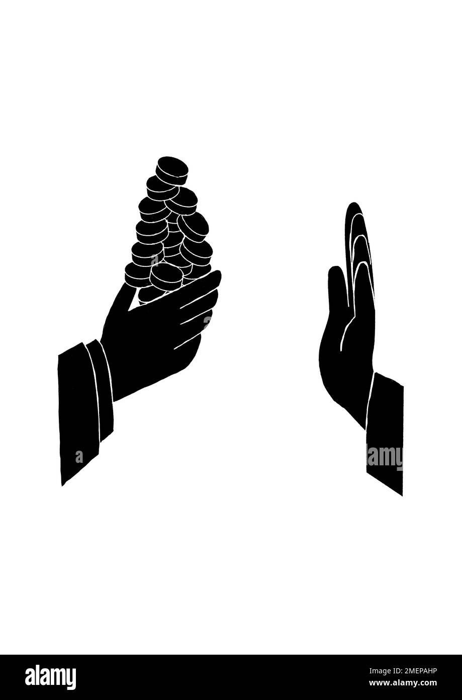 Illustration montrant deux mains, une main tend vers l'autre avec beaucoup de pièces, et l'autre main ne l'accepte pas. Banque D'Images