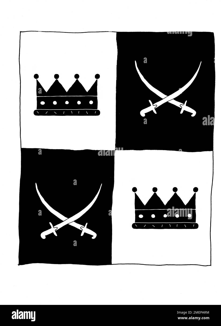 Illustration en noir et blanc des épées et des couronnes sur un fond d'échecs. Banque D'Images