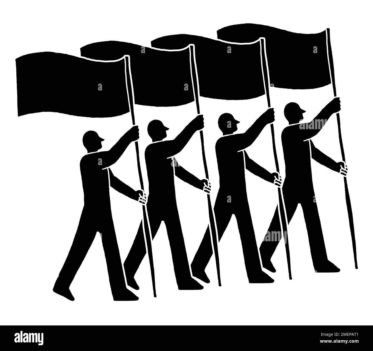 Quatre personnes garantes de drapeaux, marchant vers l'avant. Banque D'Images