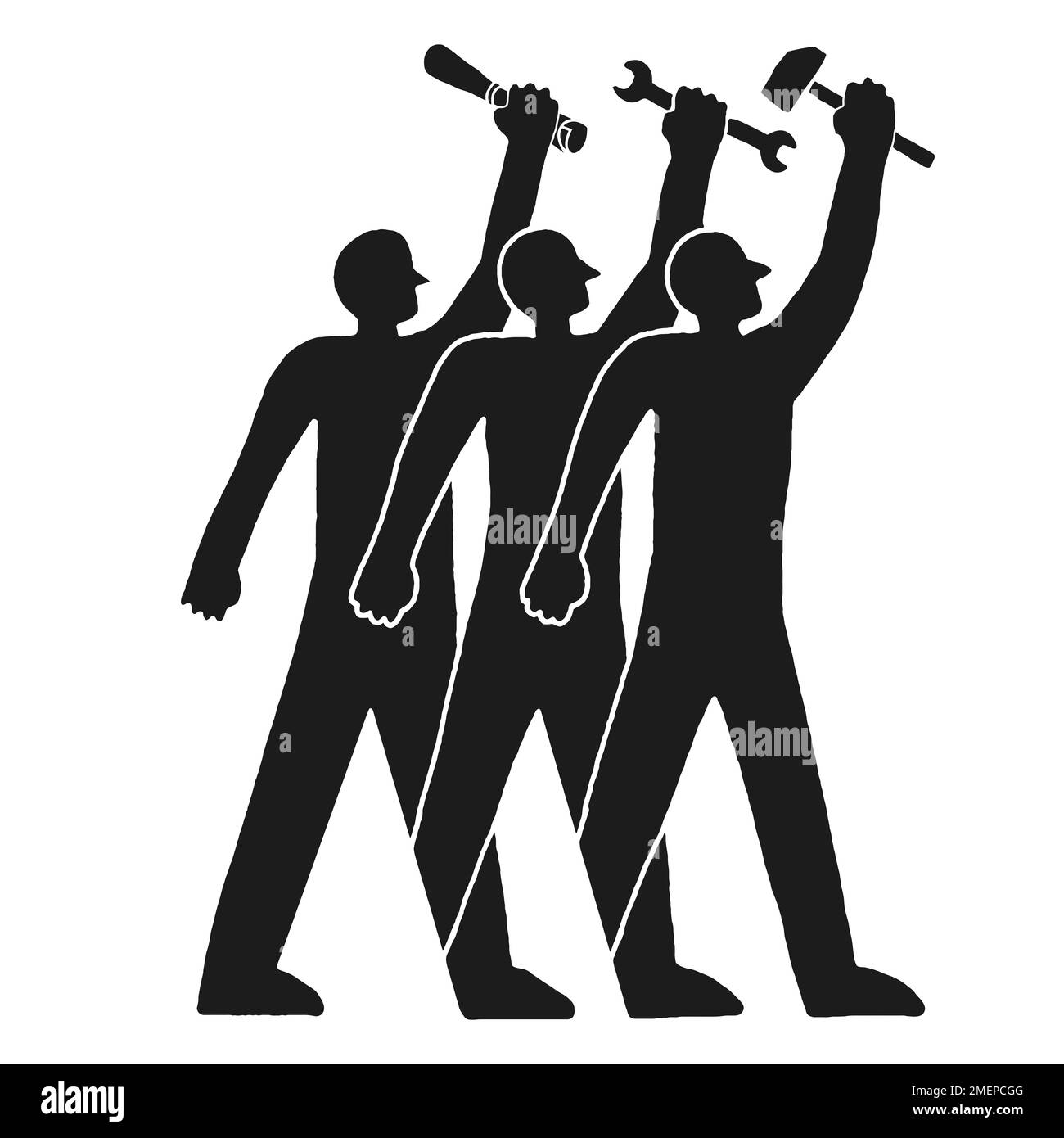 Un homme portant un rouleau et deux hommes portant des outils de commerce avec des mains levées - droits des travailleurs Banque D'Images