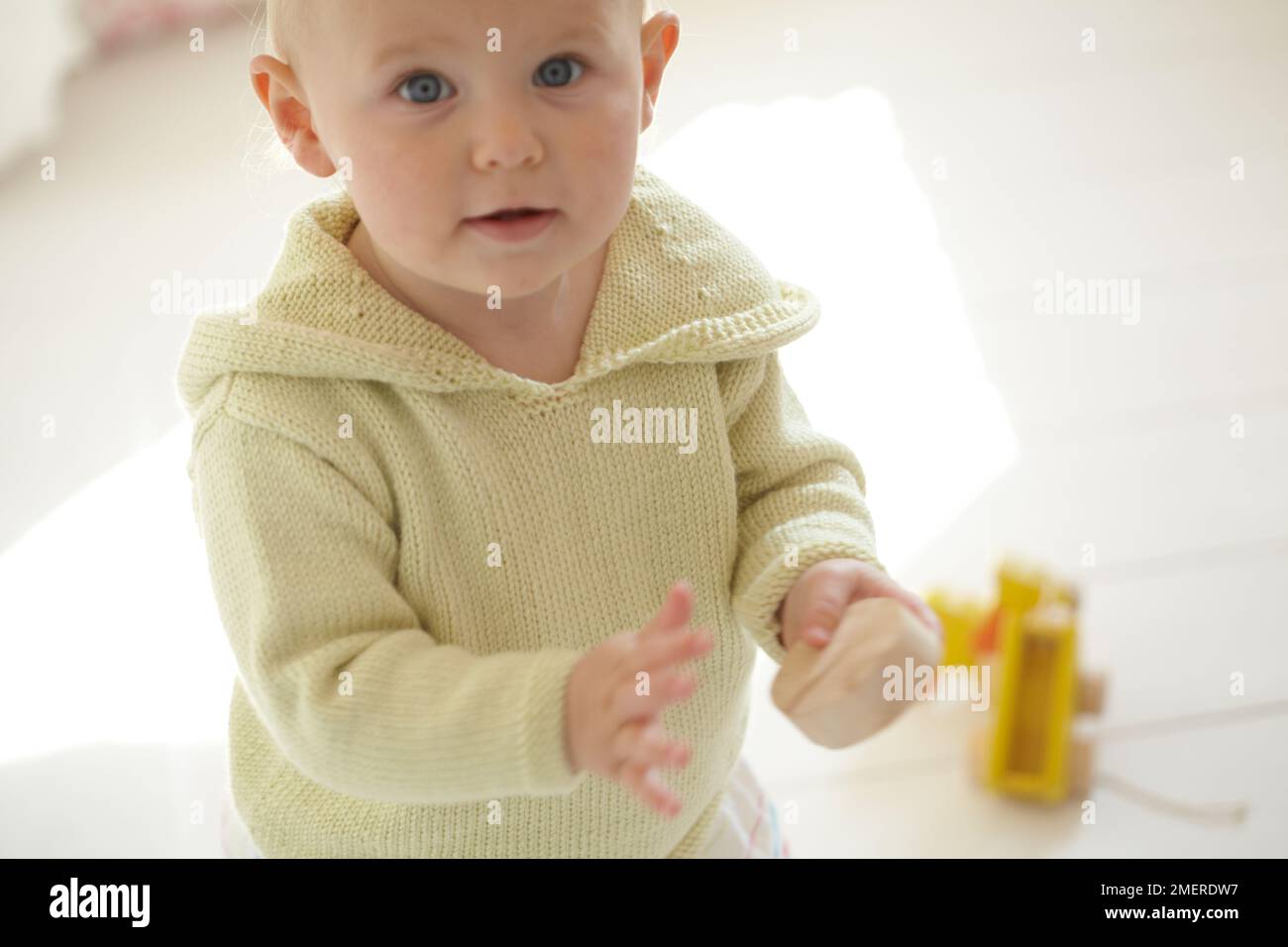 Bébé fille portant un sweat à capuche tricoté jouant avec le jouet sur le sol, 17 mois Banque D'Images