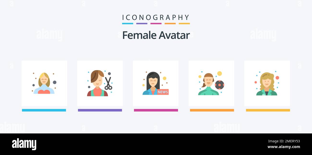Pack icône Avatar Flat 5 pour femme, y compris universitaire. jeu en plein air. femme joueur de football. ancre d'actualités. Création d'icônes créatives Illustration de Vecteur