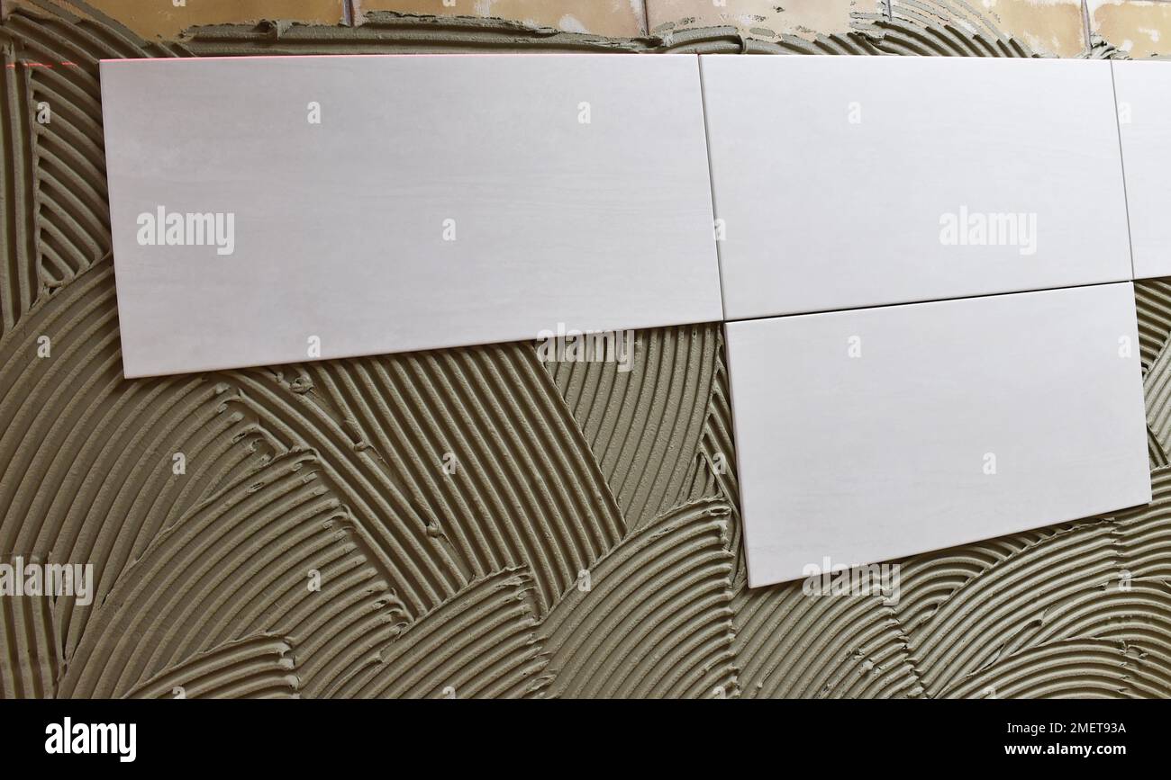 Tiler a appliqué l'adhésif pour carreaux et colle sur les nouveaux carreaux, Hesse, Allemagne Banque D'Images
