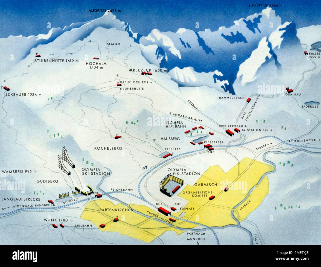 Lieu des IV Jeux Olympiques d'hiver à Garmisch-Patenkirchen du 6 au 16 février 1936, carte générale, panorama Banque D'Images