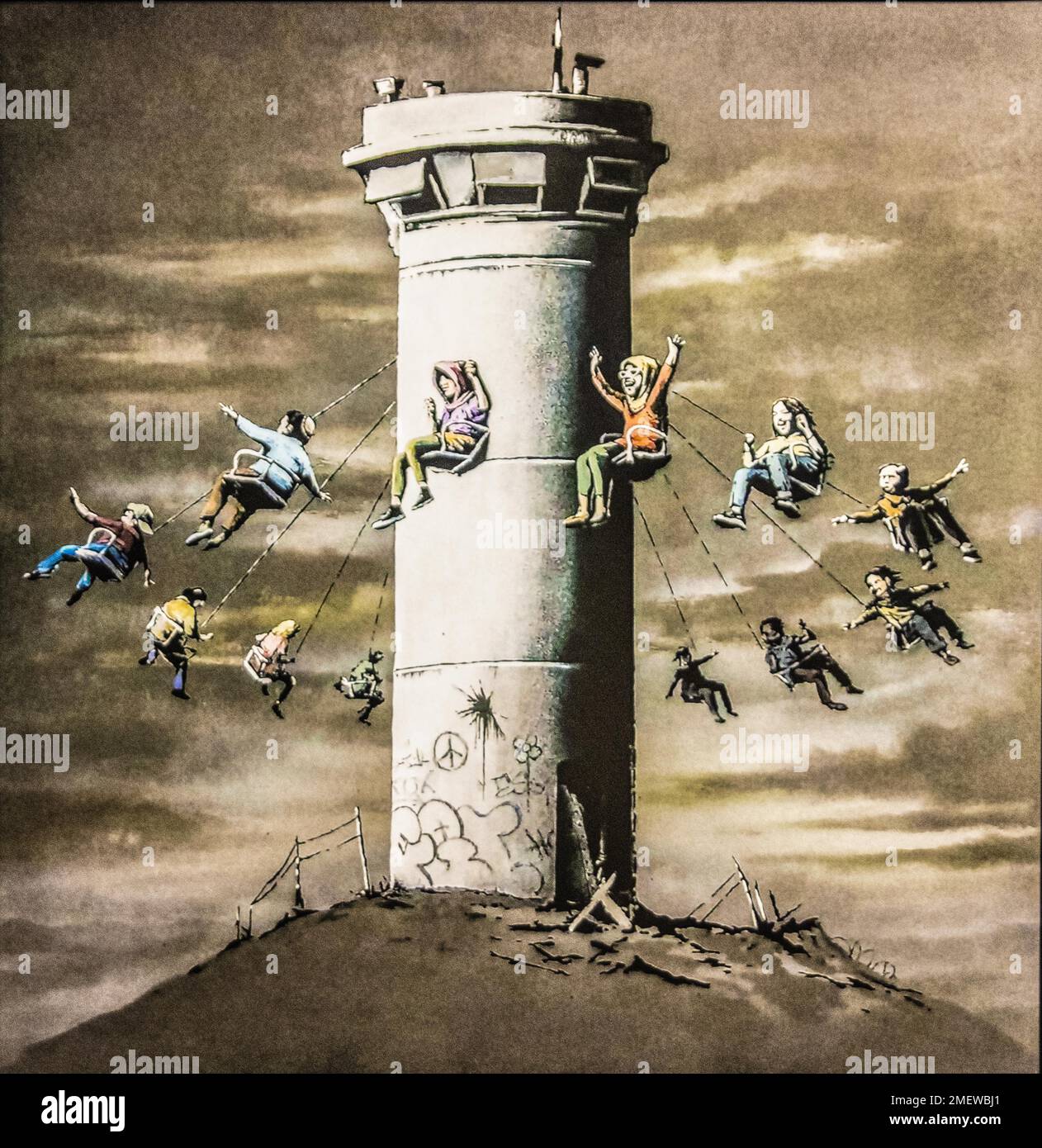 Paaestina, tour de guet de l'armée israélienne devient un carrousel, 2017, Banksy, exposition sur l'artiste de rue, Muelheim, Allemagne Banque D'Images