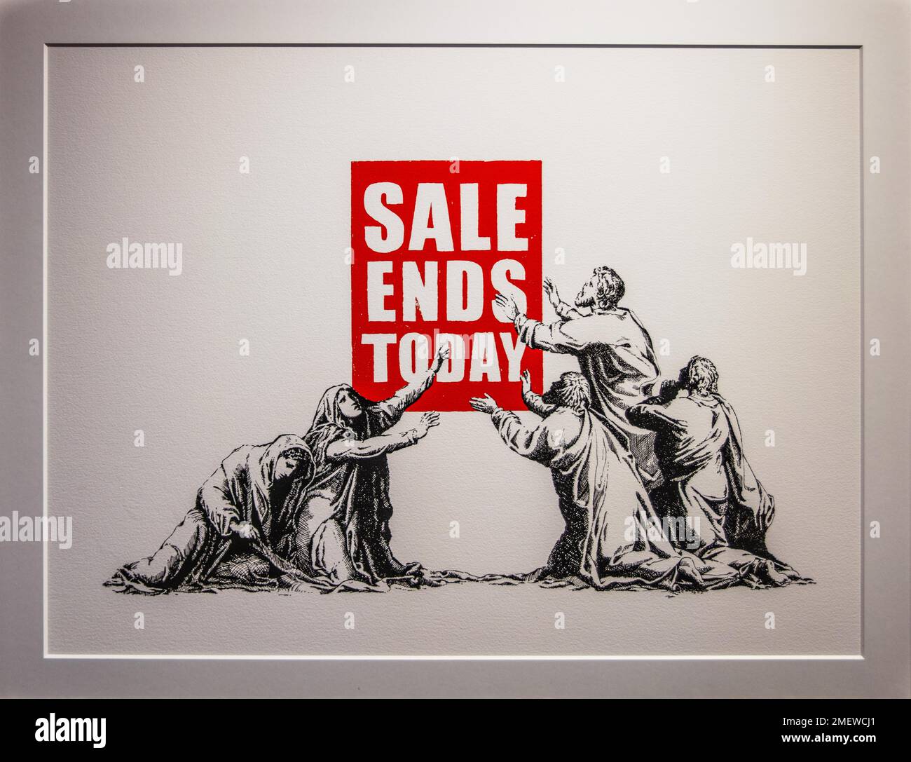 Les ventes se terminent aujourd'hui, mocks Consumer culture, 2006, Banksy, exposition sur l'artiste de rue, Muelheim, Allemagne Banque D'Images