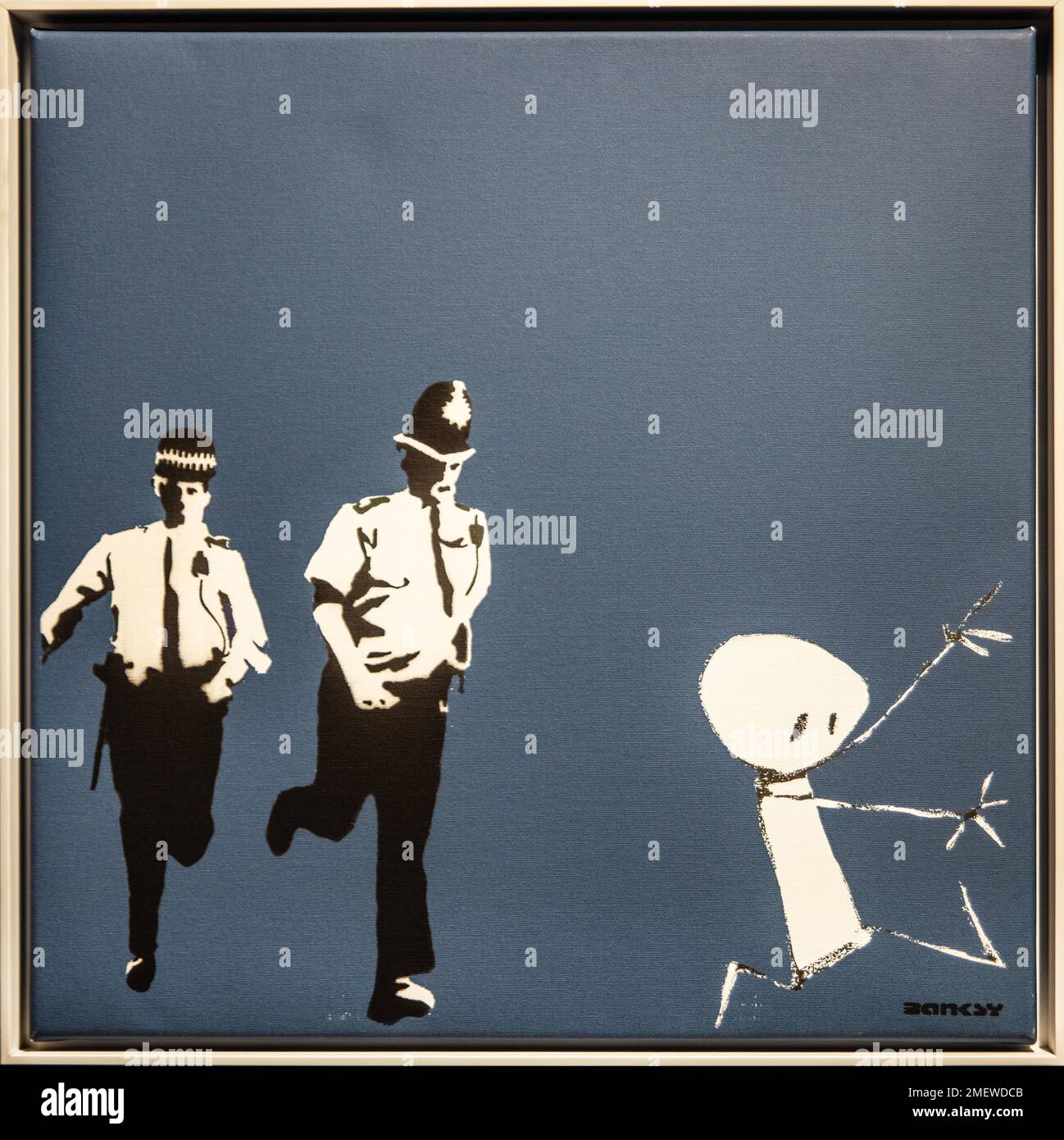 Stick police, tire des poursuites judiciaires contre des artistes de rue anoymes dans le ridicule, 2004, Banksy, exposition sur l'artiste de rue, Muelheim Banque D'Images