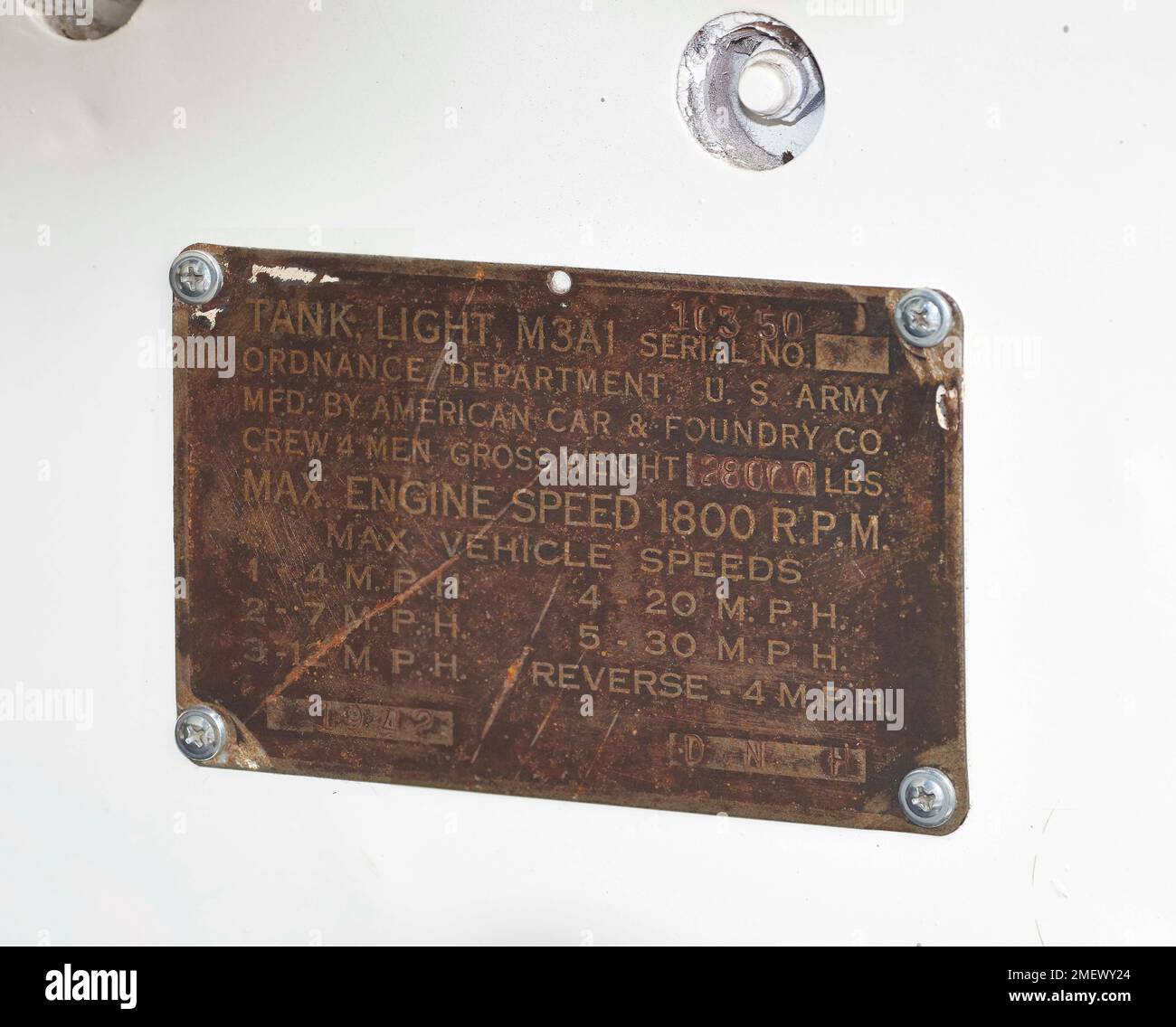 M3A1 réservoir Stuart, plaque du fabricant Banque D'Images