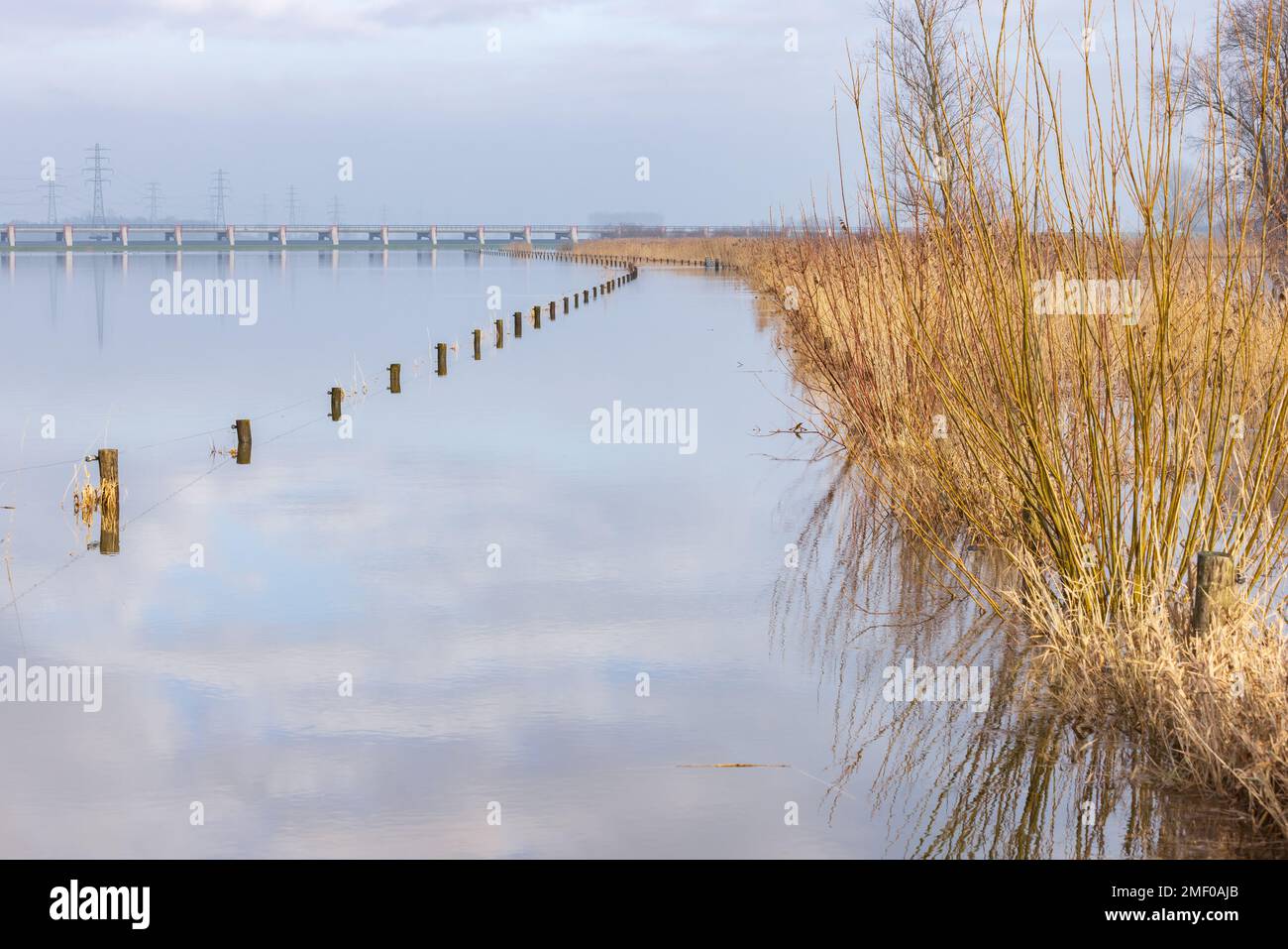 Piste cyclable bloquée causée par la rivière inondée IJssel près de Welsum à Overijssel aux pays-Bas Banque D'Images