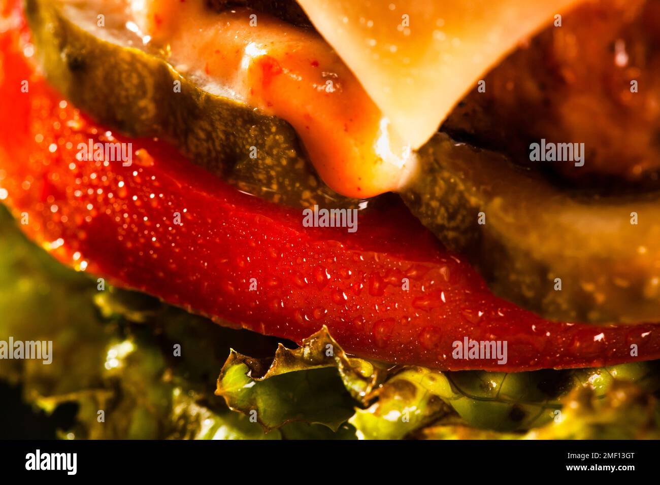 Gros plan sur des gouttes d'eau de hamburger abstingrer sur une tomate rouge Banque D'Images
