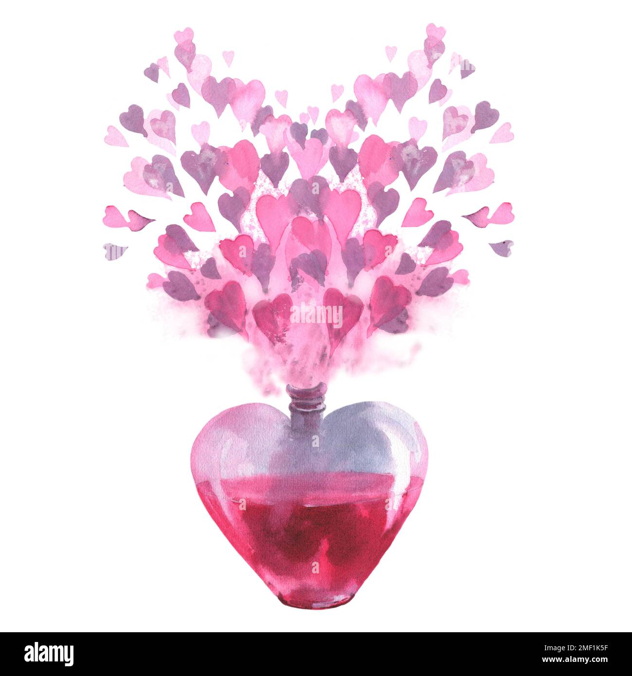 Aquarelle amour potion élixir dans l'illustration de bouteille en forme de coeur. Clipart de flacon rose dessiné à la main isolé sur fond blanc. Pour la Saint-Valentin Banque D'Images