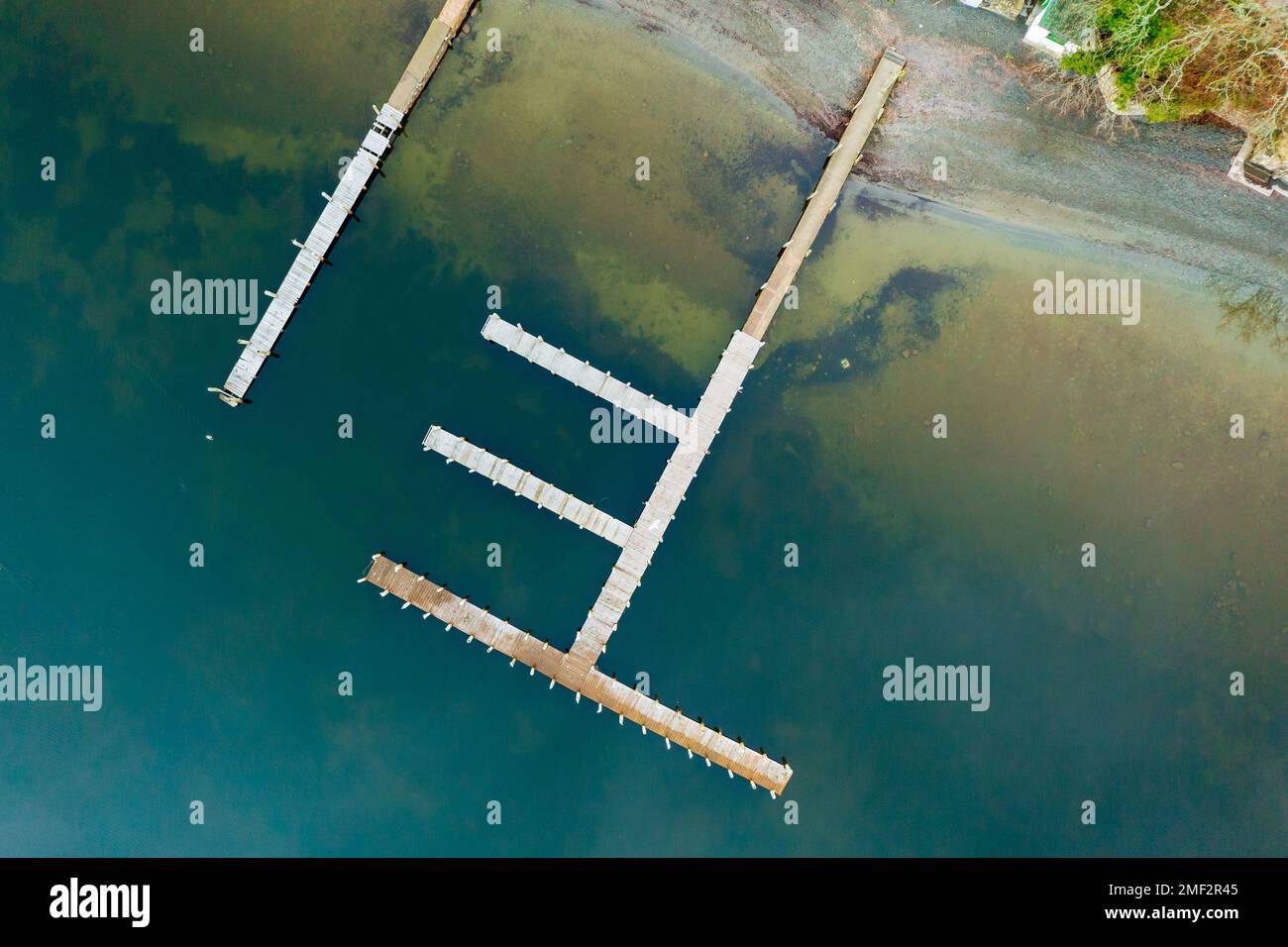 Photographie aérienne de drone montrant des algues bleues sur le rivage du lac. Derwentwater, Lake District, Royaume-Uni. Banque D'Images