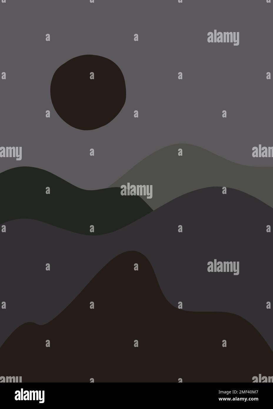 Paysage esthétique abstrait avec lever du soleil, coucher de soleil, nuit. Tons ocre, couleurs pastel sombres. Décoration murale boho. Design minimaliste plat. Banque D'Images