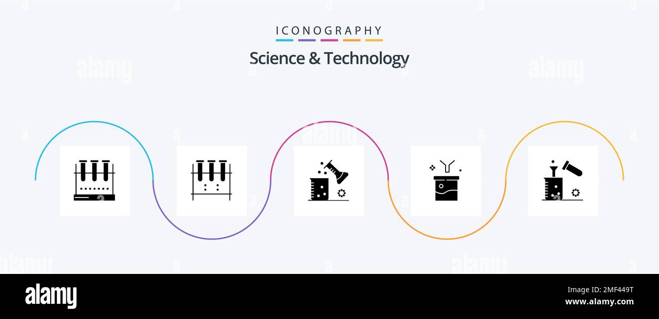 Science et technologie Glyph 5 Icon Pack comprenant la chimie. chimique. science de la matière. informations brutes. filtrage des données Illustration de Vecteur