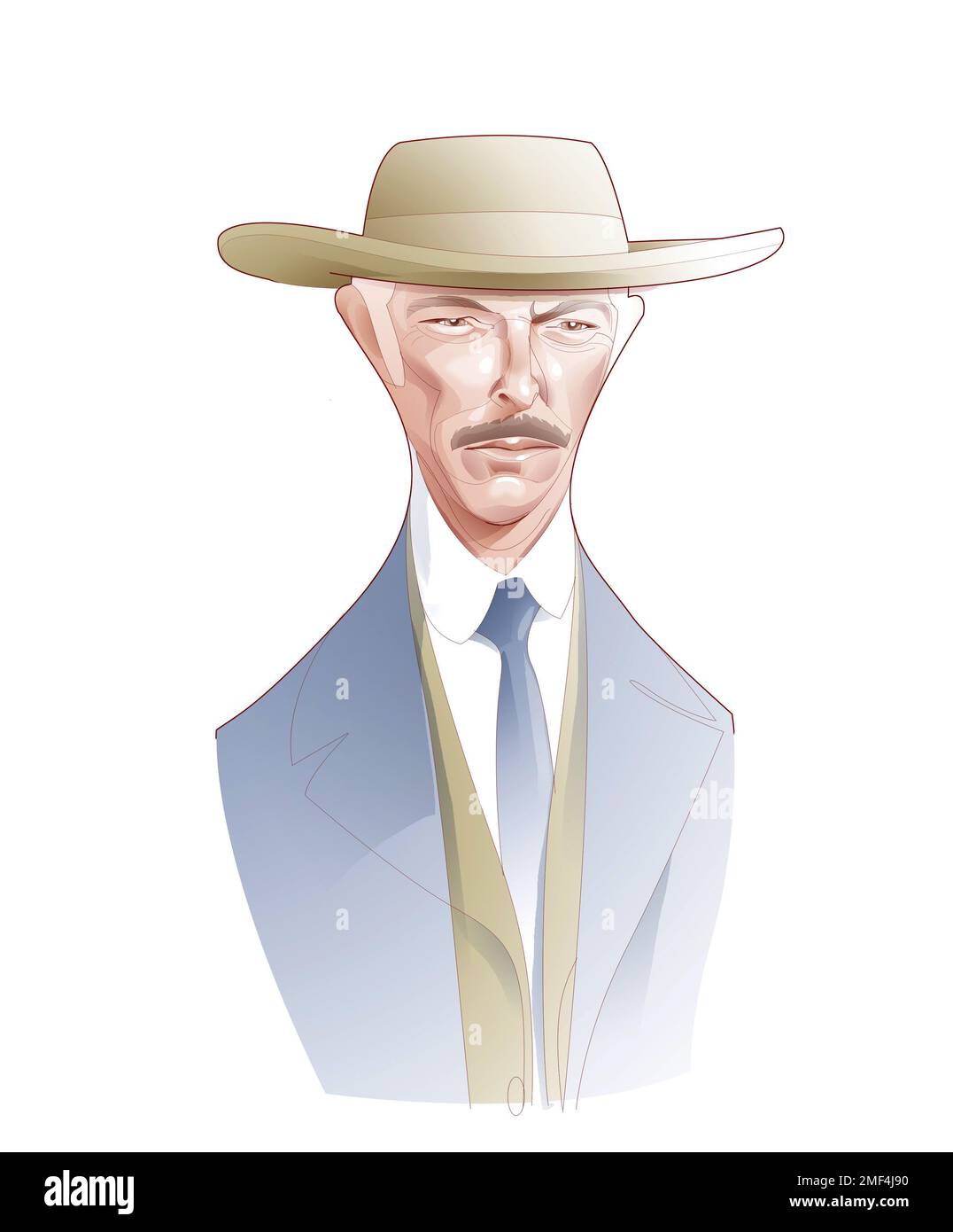 Illustration numérique de la caricature de l'acteur Lee Van Cleef. Cinéma occidental classique. Vêtu d'un chapeau de cowboy et de vêtements de fantaisie, vue de face sur le fond blanc Banque D'Images