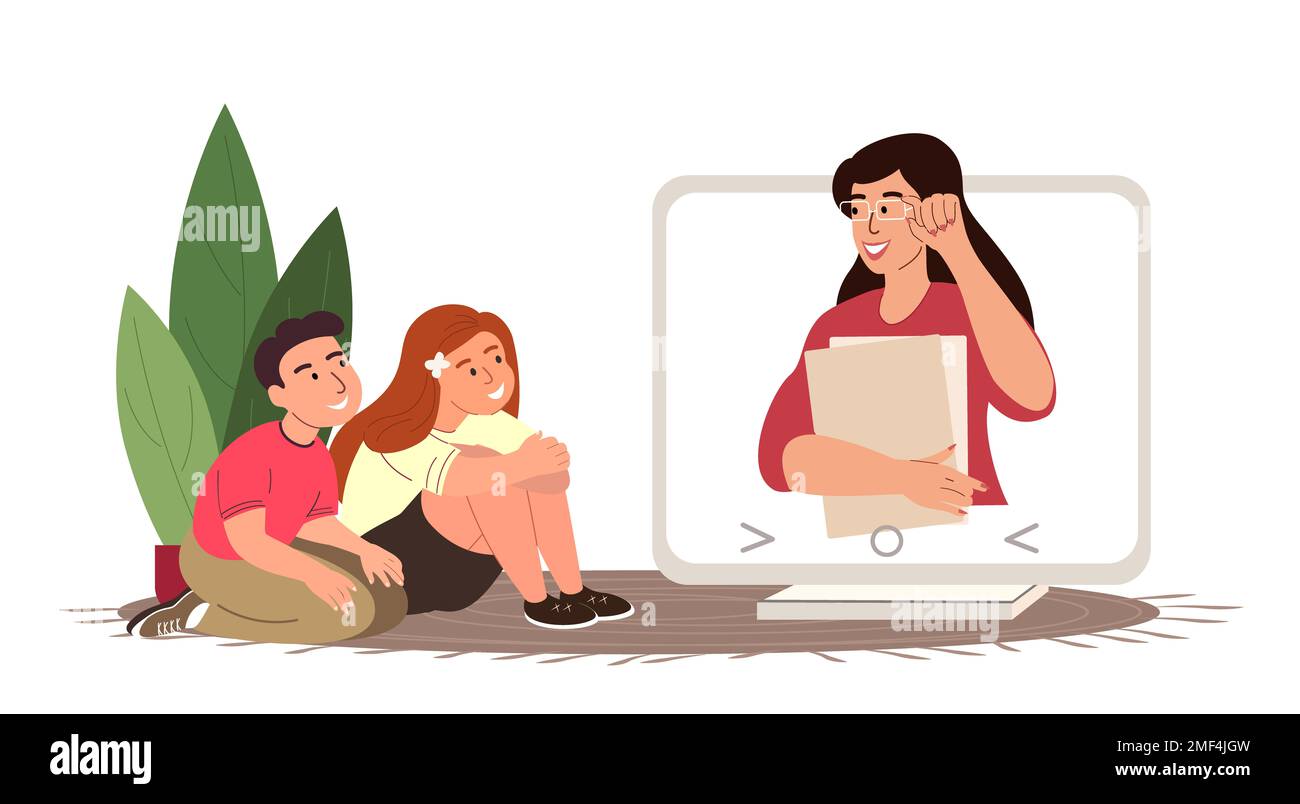 Sortie des élèves de l'école primaire dans le processus d'apprentissage assis avec un ordinateur portable et étudiant en ligne.enfants cours d'écoute. Internet thé d'éducation à distance Banque D'Images