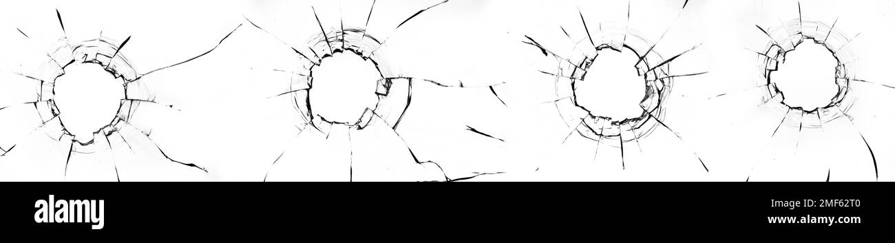 Trous de balle dans la vitre sur fond blanc. Définir. Arrière-plan ou texture naturel abstrait. Banque D'Images